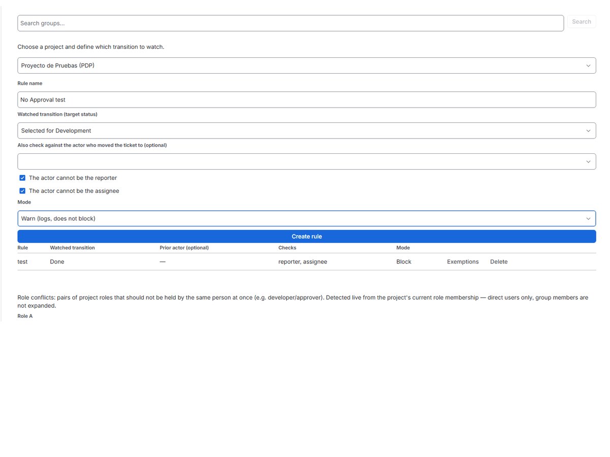 Formulario de configuración de una regla de SoD Guard